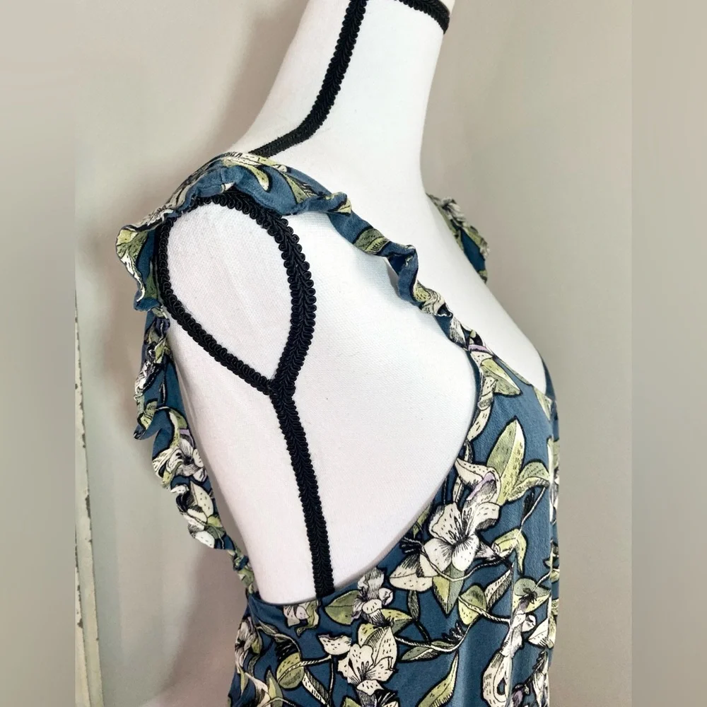 FREE PEOPLE Dear You Blue Green Floral Ruffle Flare Casual Sundress Size Medium